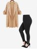 Roll Up Sleeve Open Front Coat and Hollow Out High Rise Leggings with Pockets Plus Size Outerwear Outfit -  