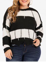 Plus Size Drop Shoulder Backless Two Tone Tassels Sweater -  