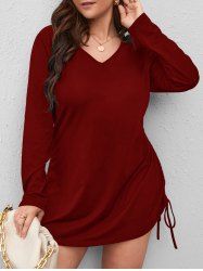 Plus Size Long Sleeves Cinched Ruched Solid Mini Dress -  