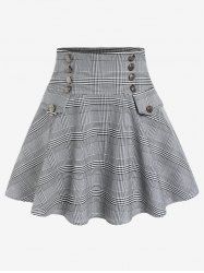 Plus Size High Rise Houndstooth A Line Mini Skirt with Buttons -  
