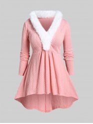 Plus Size Faux-fur Trim Textured High Low Knitwear - 2x | Us 18-20 