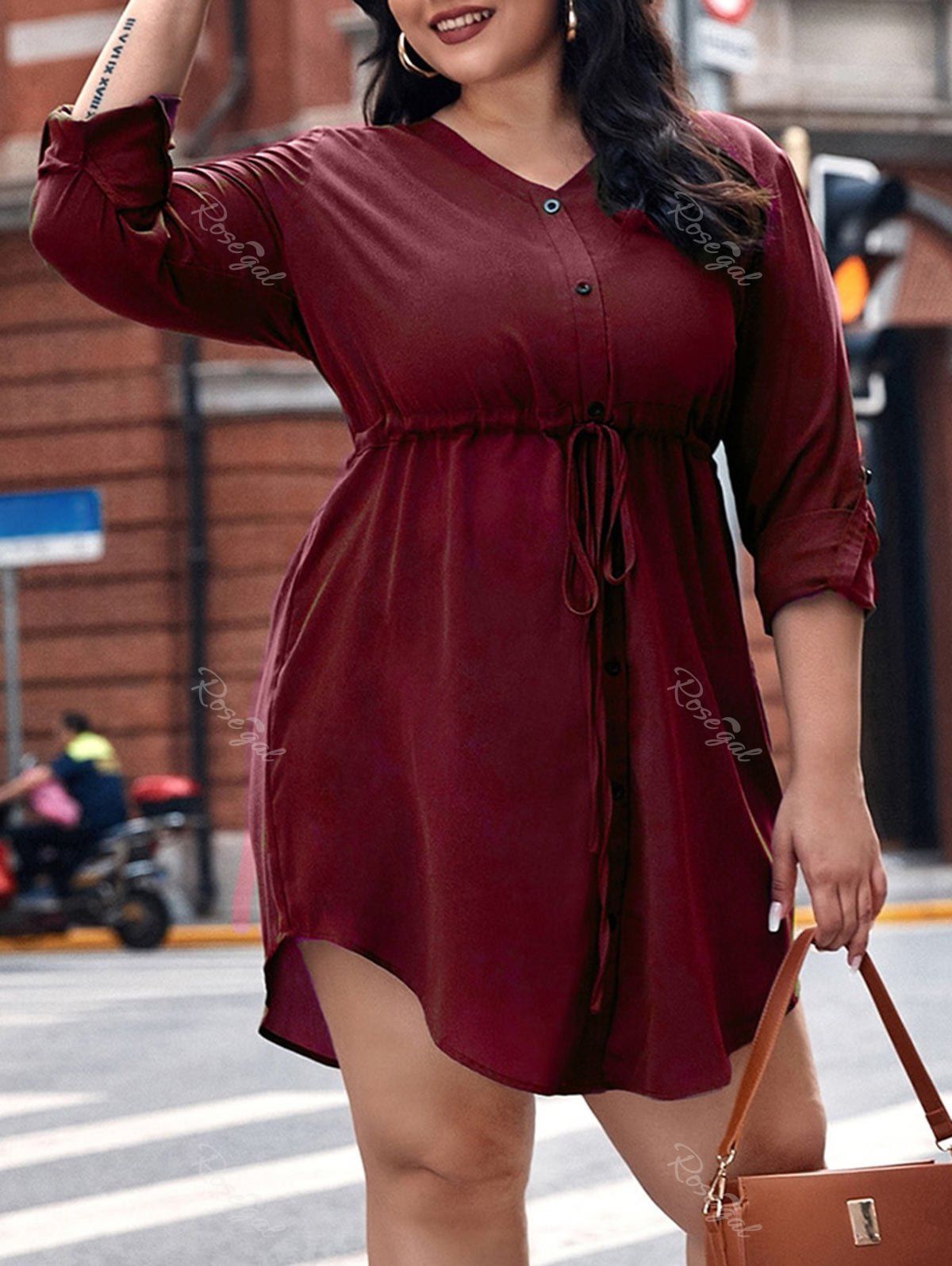 Outfit Plus Size Solid Roll Tab Up Drawstring Waisted Mini Shirt Dress  