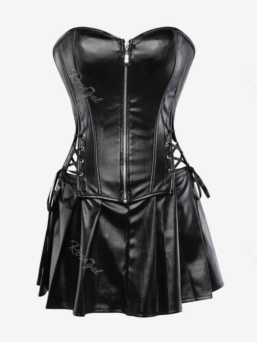 New Plus Size Faux Leather Zip Front Corset Top and Pleated Skirt Set  