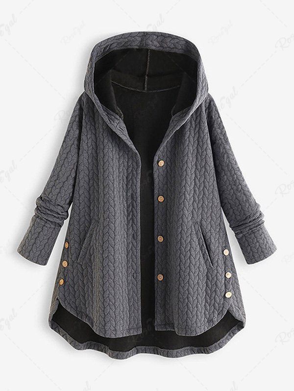 Trendy Plus Size Hooded Textured High Low Coat  