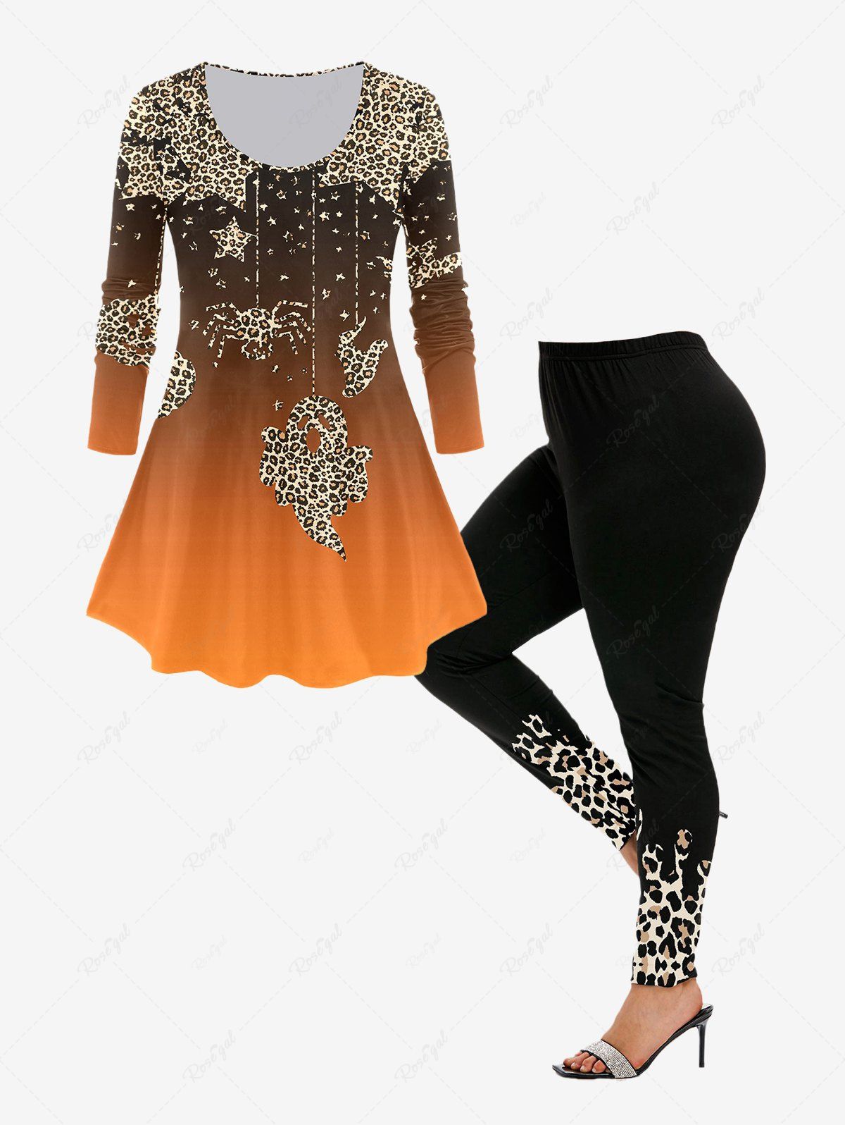 Outfit Halloween Leopard Ghost Hat Print Ombre Color Tee and High Waist Animal Leopard Leggings Outfit  