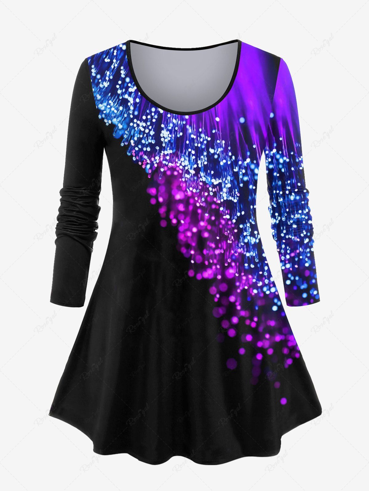 Trendy Plus Size Long Sleeve Glitter Light Beam Print T-shirt  