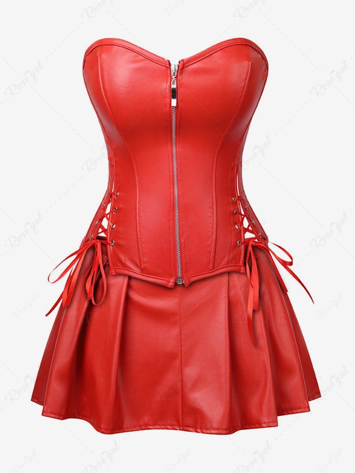Online Plus Size Faux Leather Zip Front Corset Top and Pleated Skirt Set  