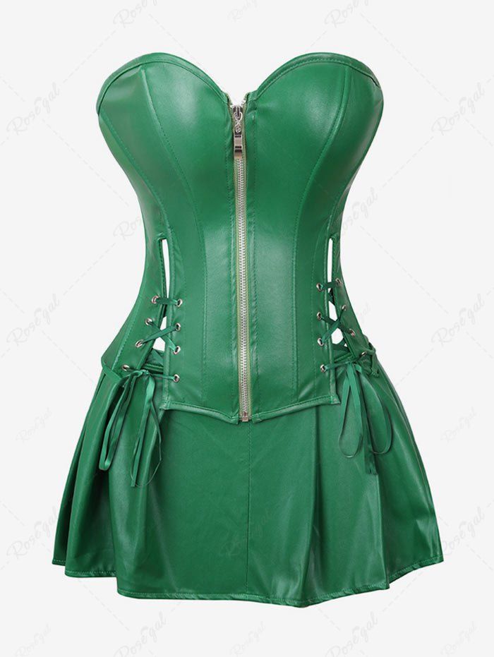 Fancy Plus Size Faux Leather Zip Front Corset Top and Pleated Skirt Set  
