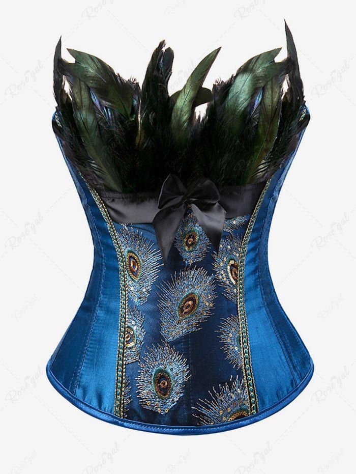 Fancy Plus Size Feather Decor Embroidery Overbust Corset  
