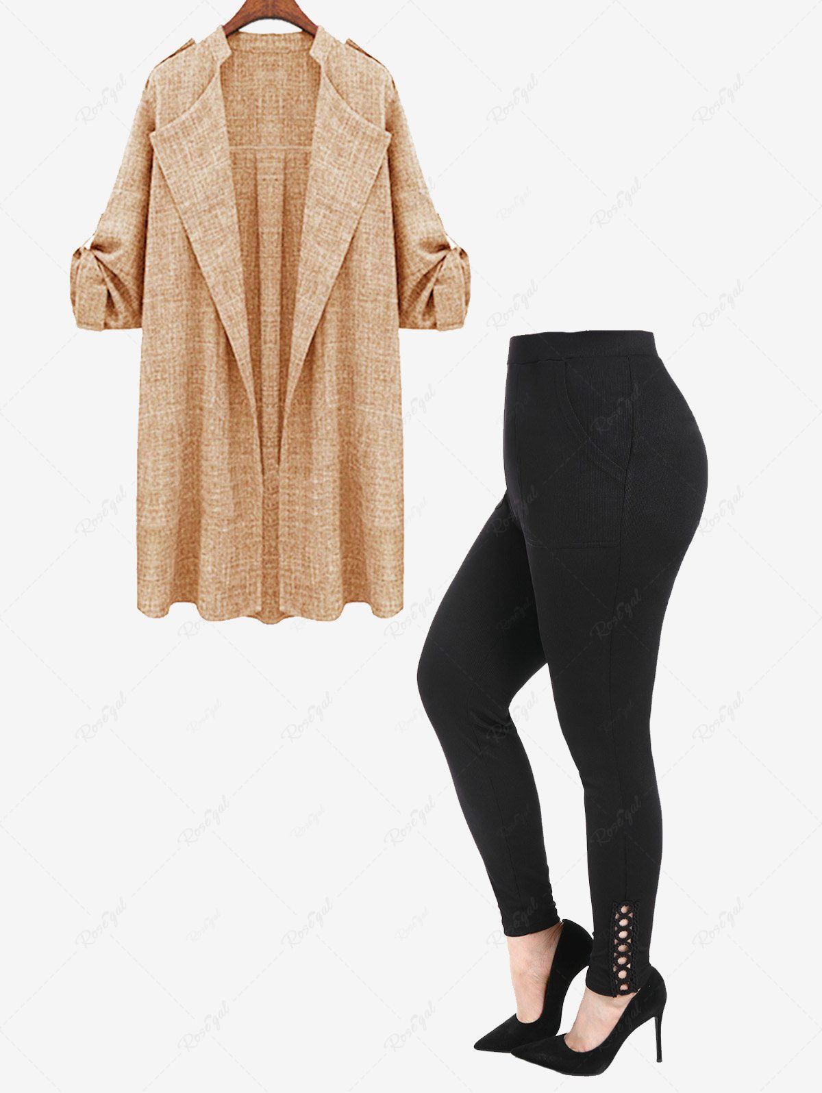 Buy Roll Up Sleeve Open Front Coat and Hollow Out High Rise Leggings with Pockets Plus Size Outerwear Outfit  