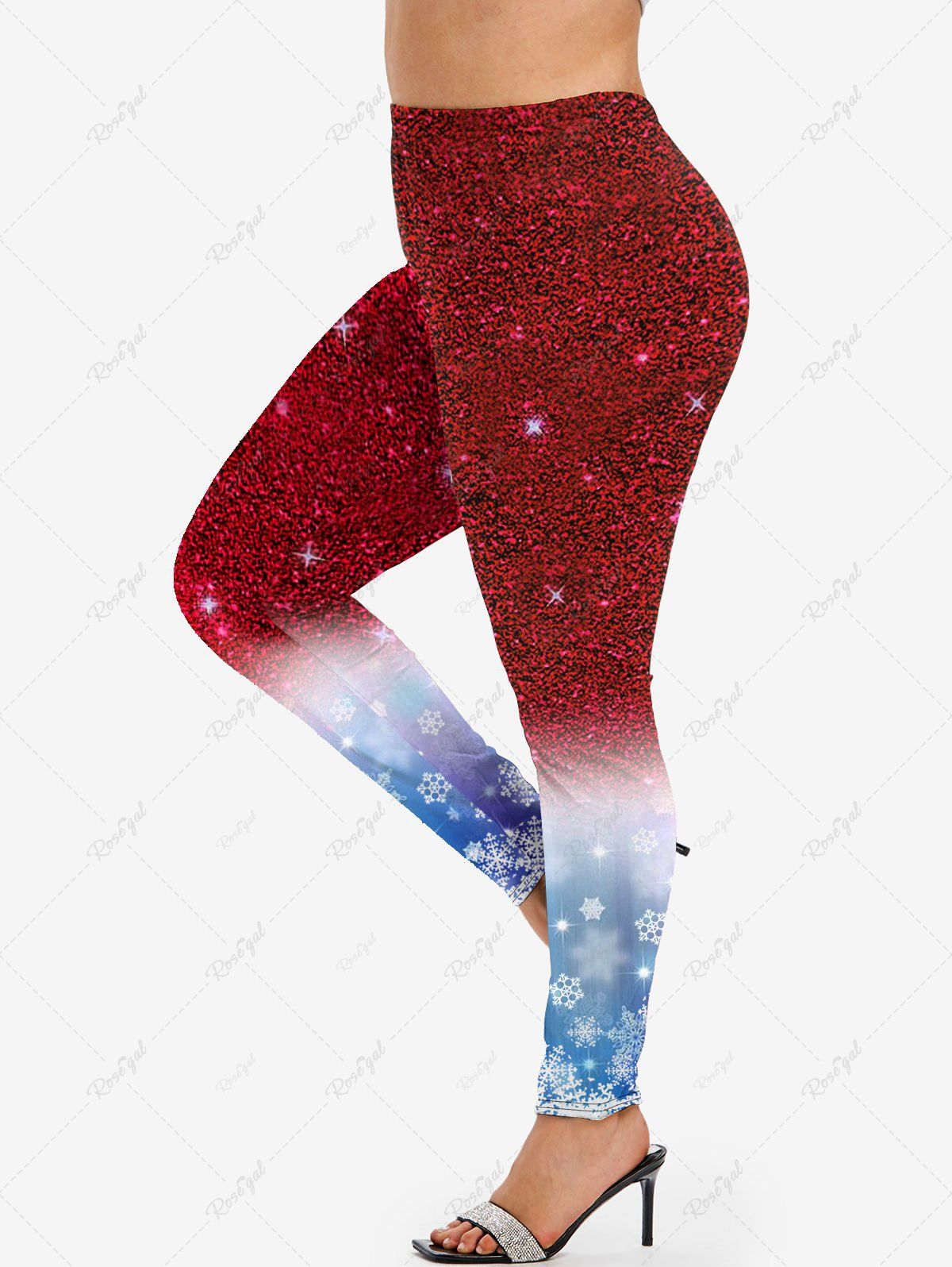 Sale Plus Size Christmas 3D Sparkles Snowflake Printed Ombre Leggings  