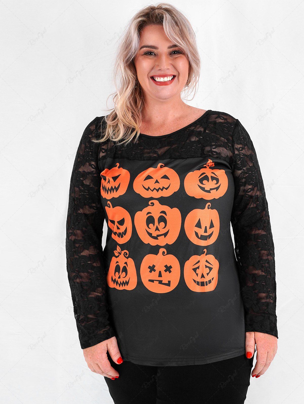 Unique Plus Size Lace Sleeve Pumpkin Face Print Halloween Tee  