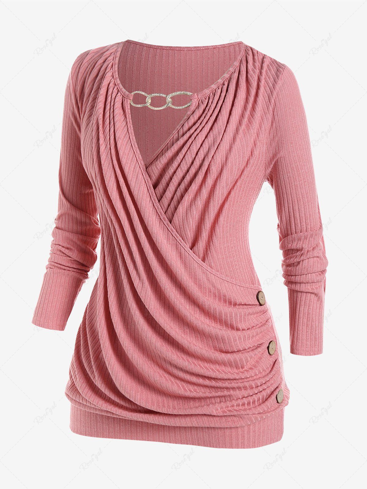 T-shirt Drapé Chaîne Superposé de Grande Taille avec Trou de Serrure Rose clair 1X | US 14-16