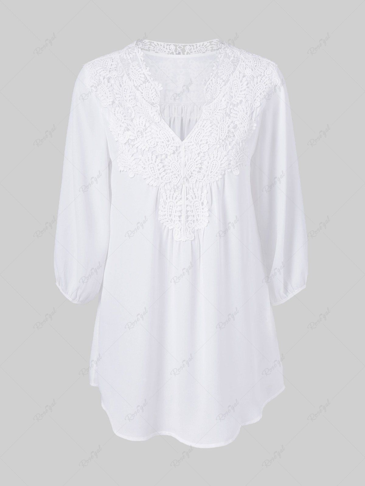 Latest Plus Size Lace Applique V Notched Solid Blouse  