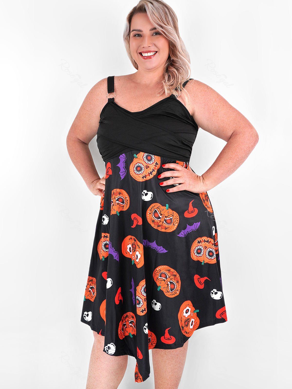 Trendy Plus Size Pumpkin Print Crossover Halloween Dress  