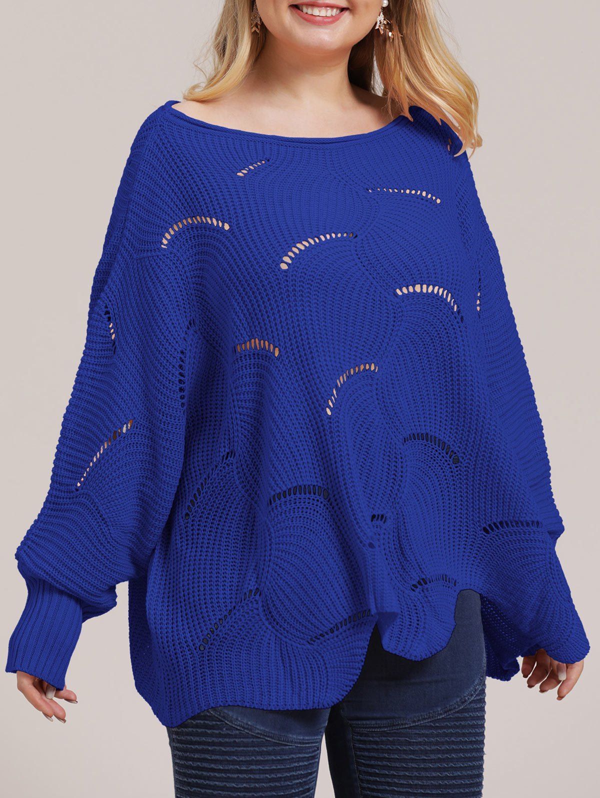 Store Plus Size Solid Batwing Sleeves Pointelle Knit Pullover Jumper  