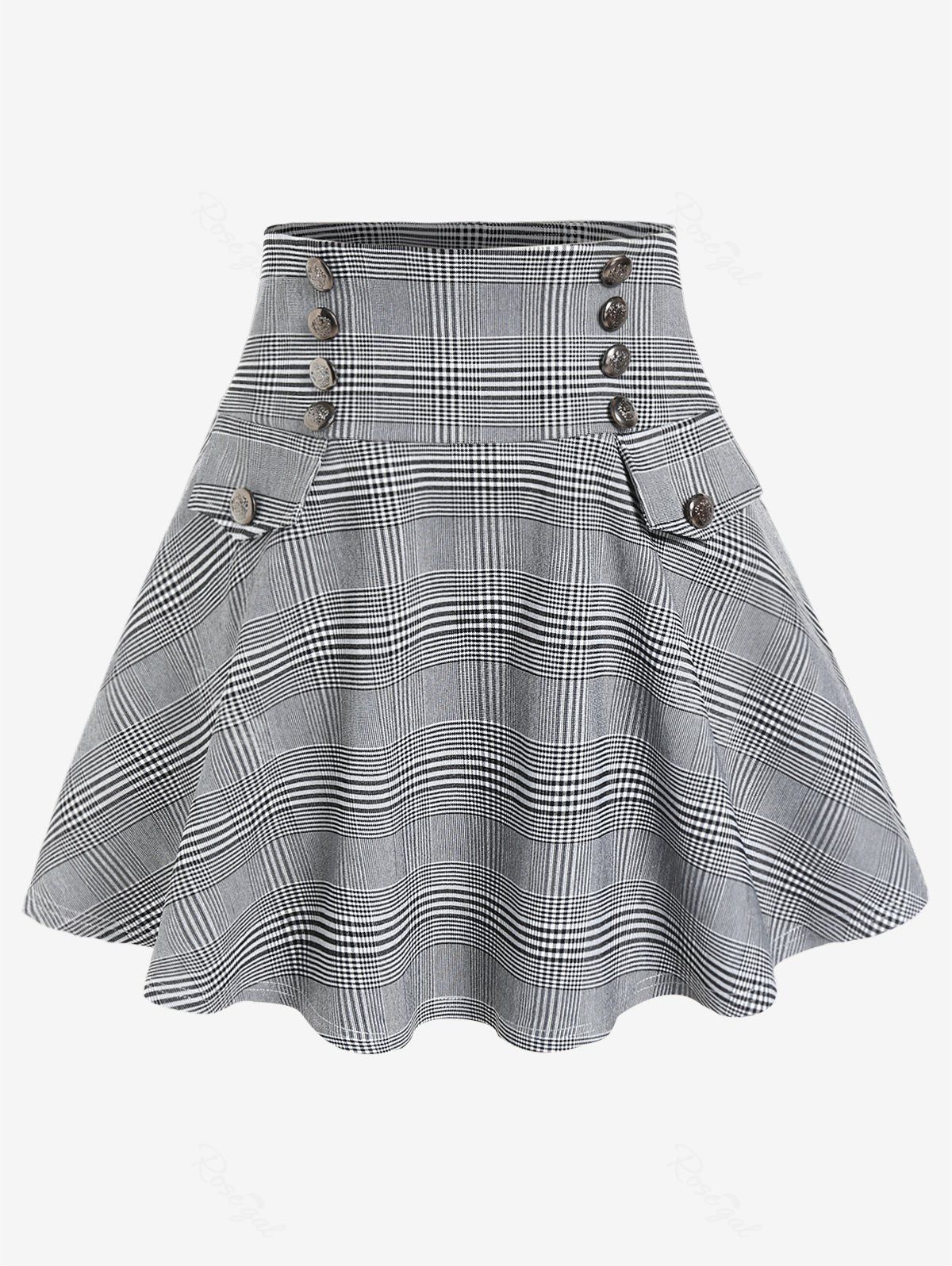 Outfits Plus Size High Rise Houndstooth A Line Mini Skirt with Buttons  