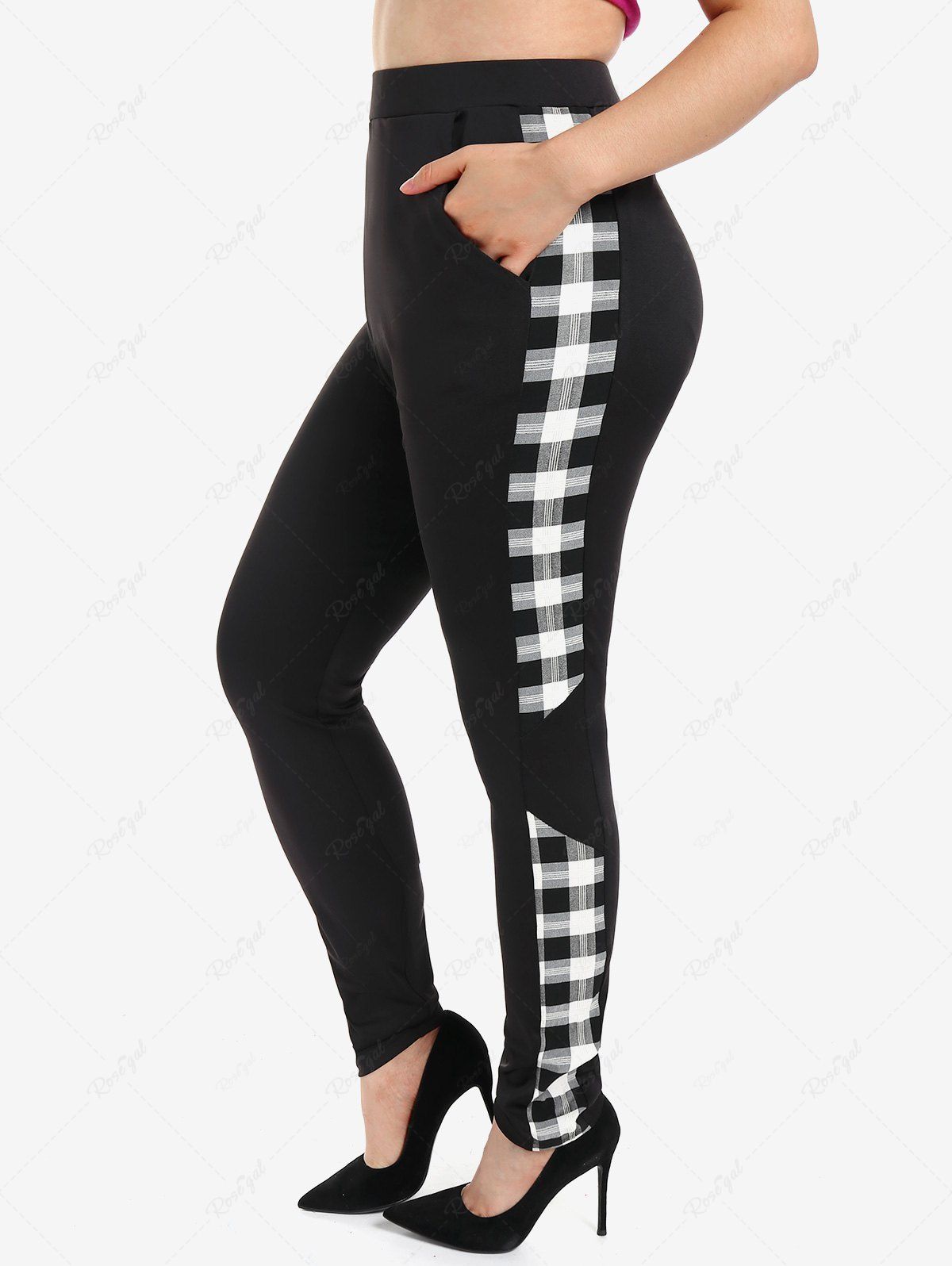 Buy Plus Size Plaid Colorblock Pull On Pants with Pockets  