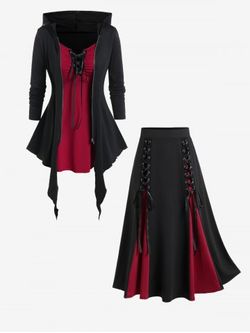 Lace Up Full Zipper Hooded Asymmetric Tee and Gothic Godet Hem Midi Skirt Outfit - BLACK