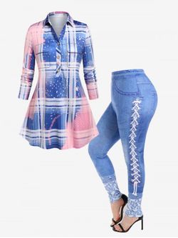 Half Button Ombre Plaid Blouse and 3D Denim Print Skinny Jeggings Plus Size Outfit - BLUE