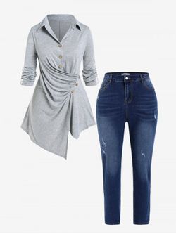 Plus Size Roll Tab Sleeve Ruched Asymmetric Top and Ripped Pencil Jeans Outfit - LIGHT GRAY