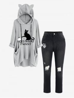 Plus Size Hooded Pockets High Low Graphic Top and Ripped Pencil Jeans Outfit - LIGHT GRAY