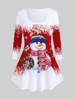 Plus Size Christmas Snowman Print T-shirt - RED - 1X | US 14-16