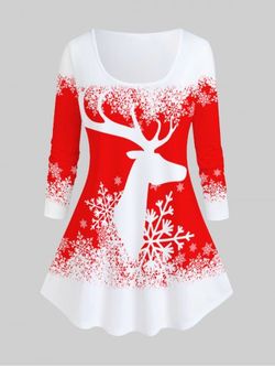 T-shirt Graphique Cerf de Noël et Flocon de Neige de Grande Taille - RED - 4X | US 26-28