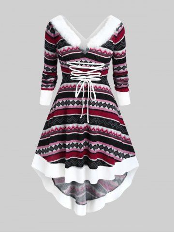 Plus Size Faux Fur Trim Colorful Geometric Pattern Lace-up Knit High Low Dress - MULTI - 4X | US 26-28