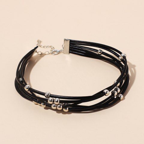 Gothic Beaded Multilayer Rope Faux Leather Choker Necklace - BLACK