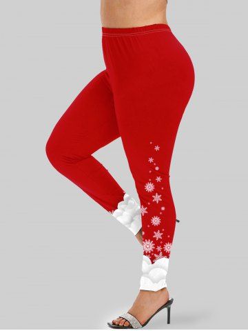 Plus Size Christmas Snowflake Printed Two Tone Leggings - RED - 5X | US 30-32