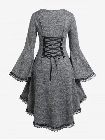 Plus Size Bell Sleeve Half Zipper Lace Edge High Low Coat