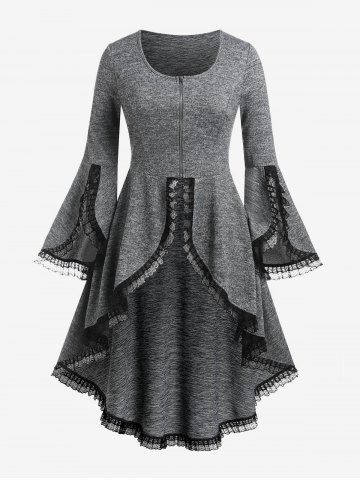 Plus Size Bell Sleeve Half Zipper Lace Edge High Low Coat