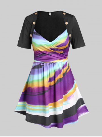 Plus Size & Curve Tie Dye Striped Skirted Ruched Tunic Tee - PURPLE - 5X