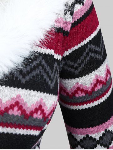 Plus Size Faux Fur Trim Colorful Geometric Pattern Lace-up Knit High Low Dress