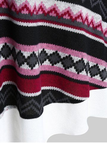 Plus Size Faux Fur Trim Colorful Geometric Pattern Lace-up Knit High Low Dress