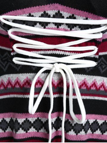 Plus Size Faux Fur Trim Colorful Geometric Pattern Lace-up Knit High Low Dress