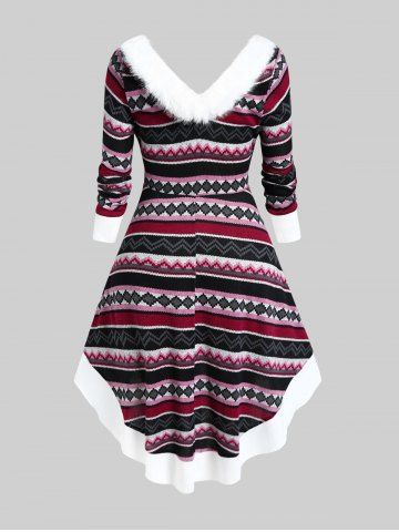 Plus Size Faux Fur Trim Colorful Geometric Pattern Lace-up Knit High Low Dress