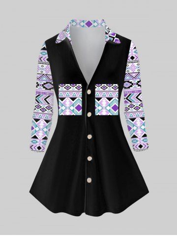 Plus Size Geometric Printed Long Sleeves Plunging Shirt - PURPLE - L | US 12