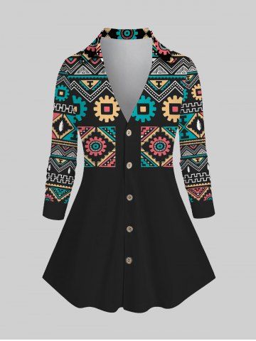 Plus Size Ethnic Printed Button Front Shirt - BLACK - S | US 8