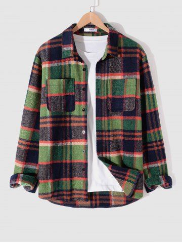 Double Pockets Design Plaid Pattern Flannel Shacket - DEEP GREEN - S