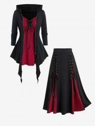 Lace Up Full Zipper Hooded Asymmetric Tee and Gothic Godet Hem Midi Skirt Outfit -  