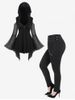Gothic Hooded Cold Shoulder Mesh Bell Sleeve Grommets Top and Zippers Grommet High Rise Pants Outfit -  