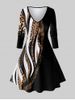 Plus Size Leopard Colorblock A Line Long Sleeve Dress -  