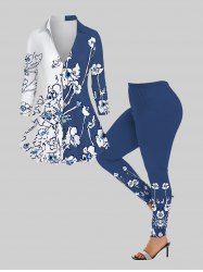 Floral Print Colorblock Shirt and Skinny Leggings Plus Size Co Ord Outfit -  