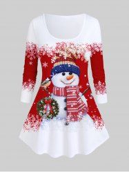 Plus Size Christmas Snowman Print T-shirt -  