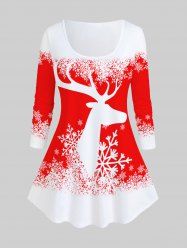 T-shirt Graphique Cerf de Noël et Flocon de Neige de Grande Taille - Rouge 2X | US 18-20