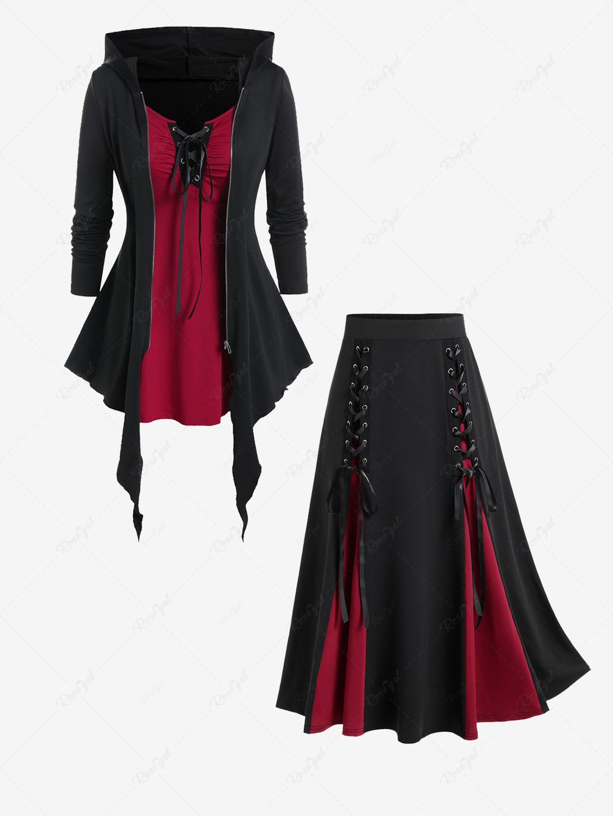 Affordable Lace Up Full Zipper Hooded Asymmetric Tee and Gothic Godet Hem Midi Skirt Outfit  