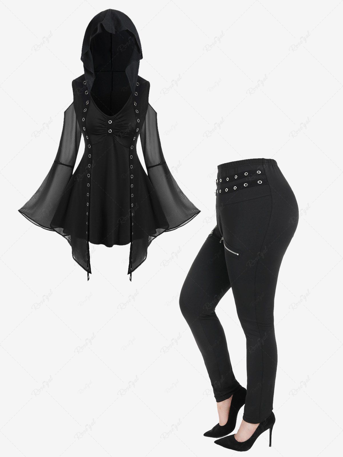 Trendy Gothic Hooded Cold Shoulder Mesh Bell Sleeve Grommets Top and Zippers Grommet High Rise Pants Outfit  