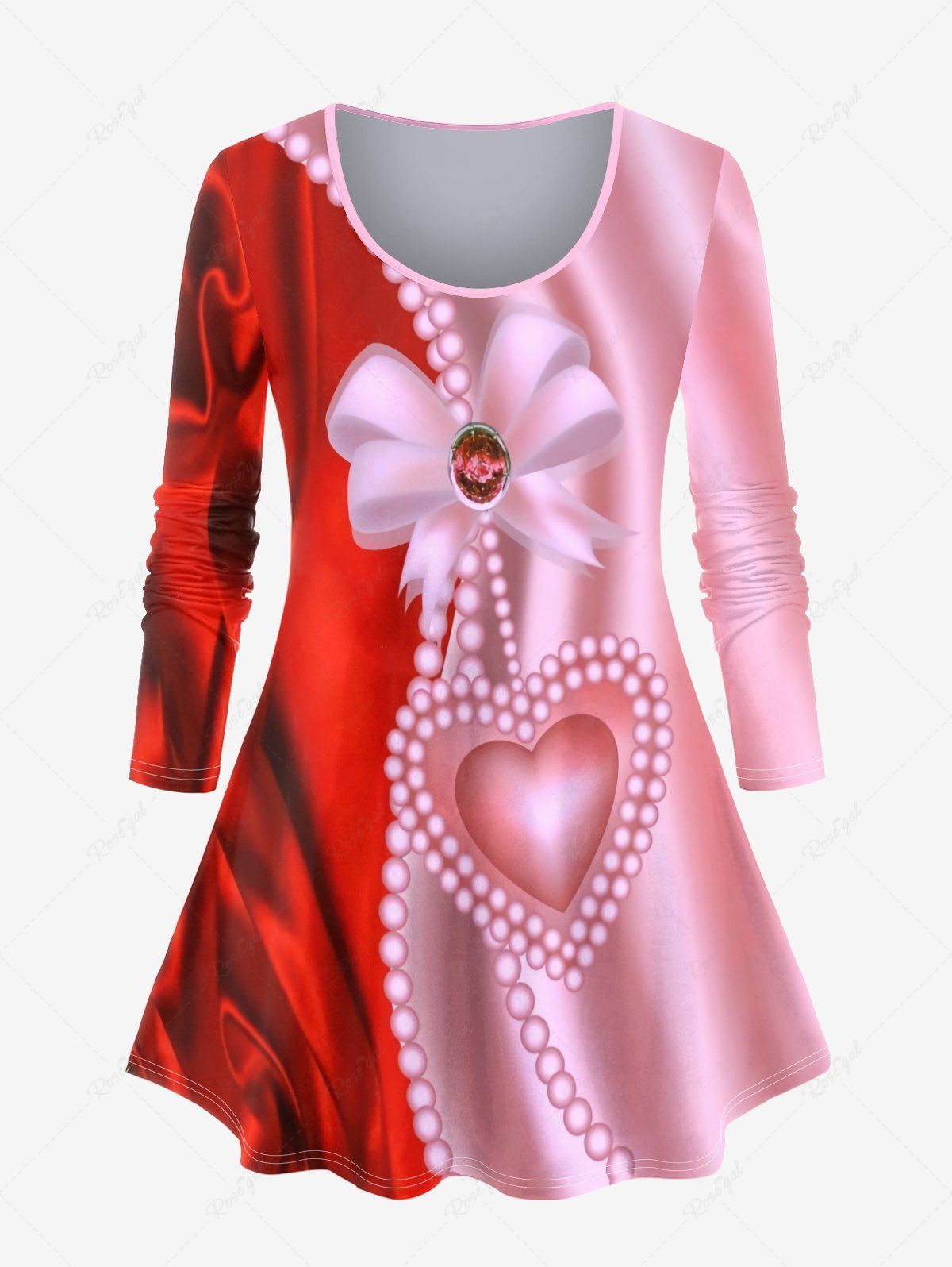 T-shirt à Imprimé 3D Nœud Papillon et Cœur de Grande Taille Rouge 